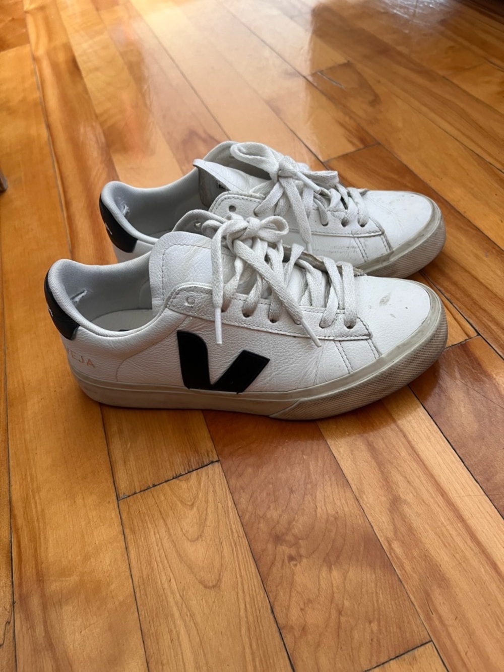 Veja White Leather Sneakers with Black V with box
